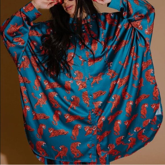 Dressed in LALA Wild Woman Teal Satin Playsuit Set - Picture 2 of 8